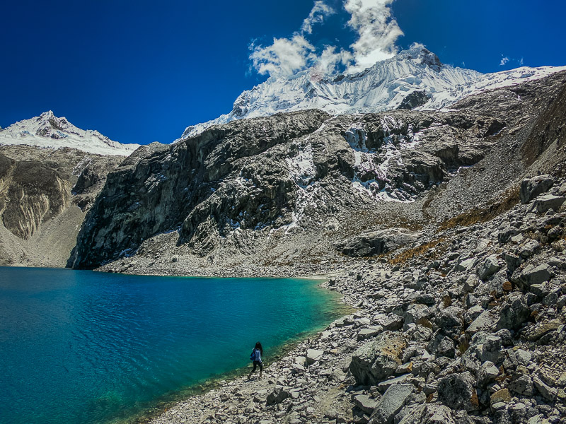 View of the lake and snow topped peaks