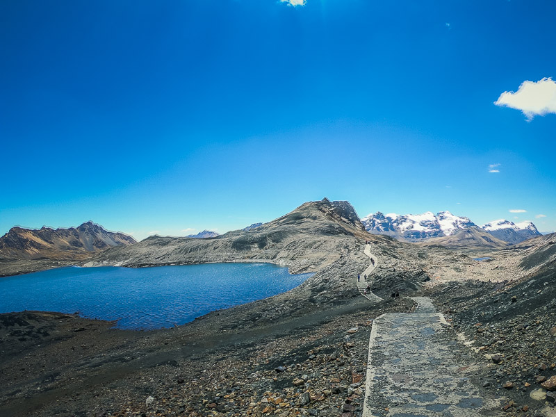 Looking back at the lake and mountain range near the end of the trail