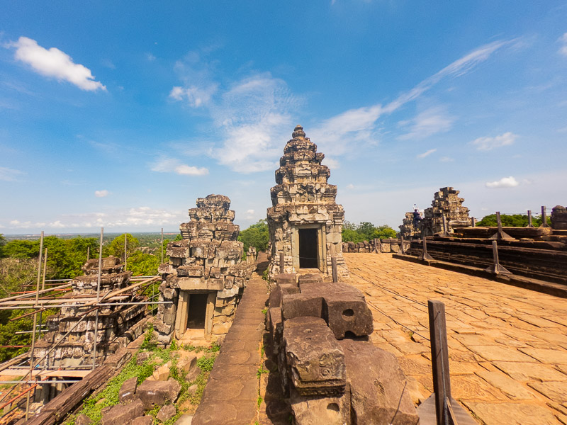 The temple towers from the top