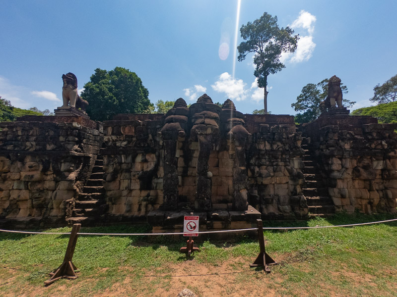 Carved elephant faces on the terrace