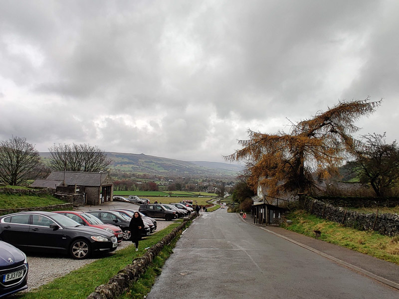 The car park and cave entrance