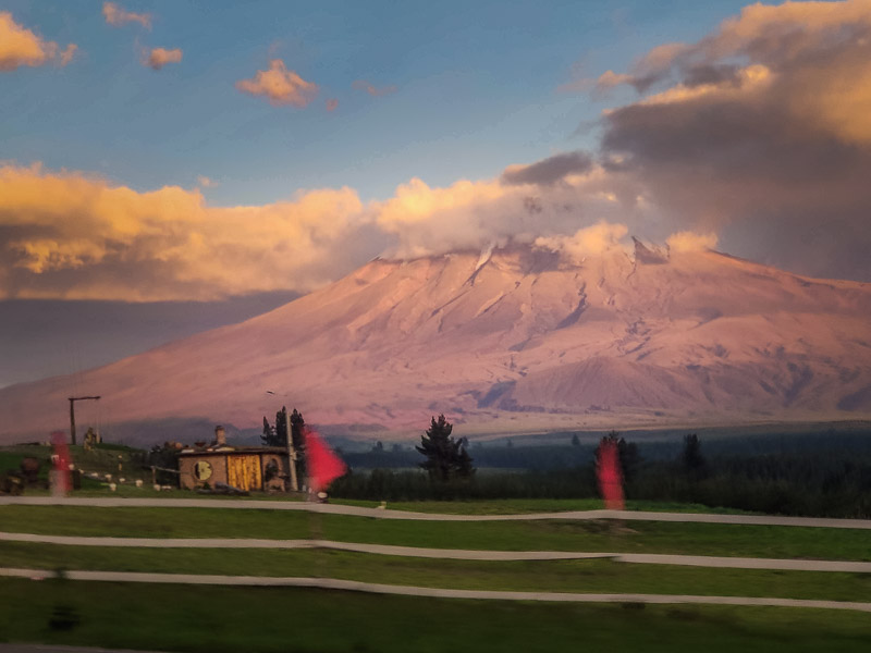 View of the snow-topped volcano from the highway