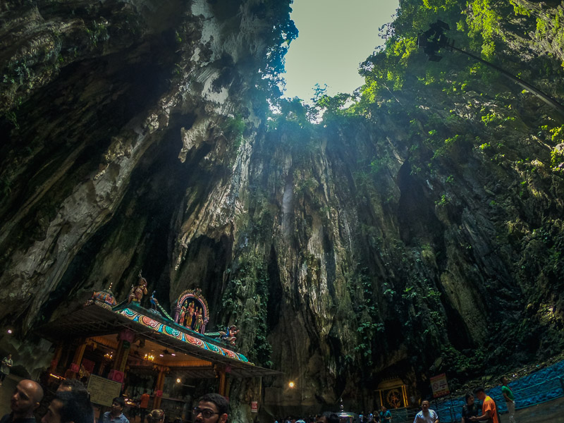 Temple at the end of the cave and opening at on the roof of the cave