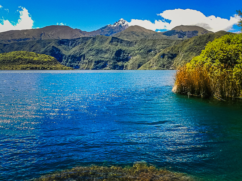 The lake and snow-topped mountain in the background