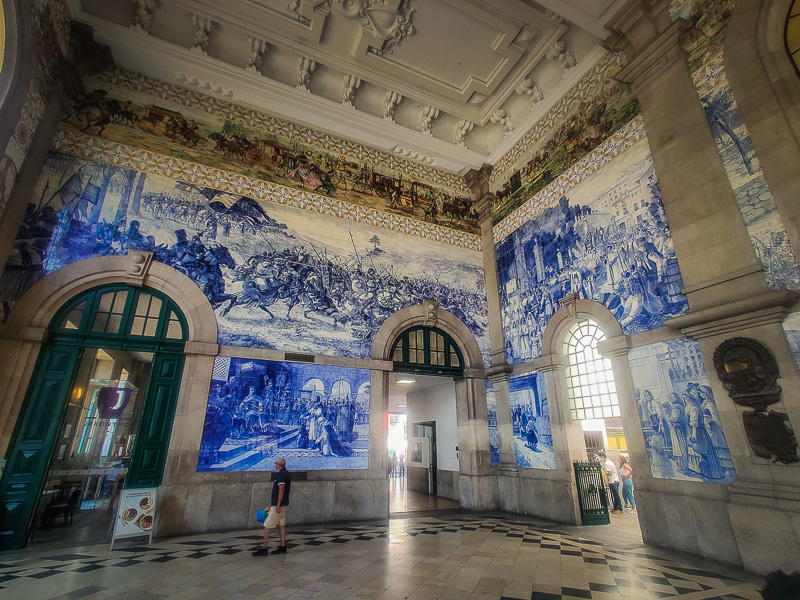 Inside the São Bento Station where its walls are decorated with mosaic tiles